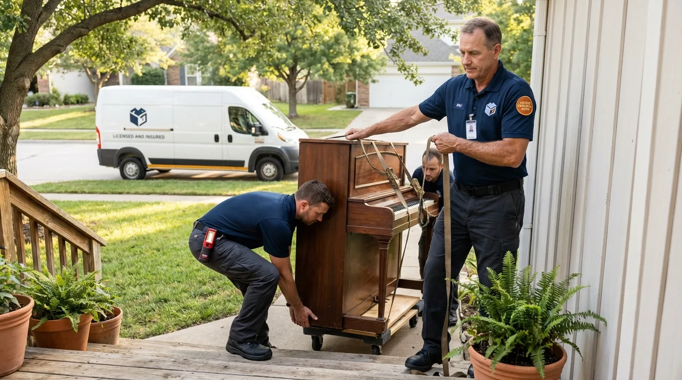 Licensed piano movers securing grand piano in Chelsea, VT