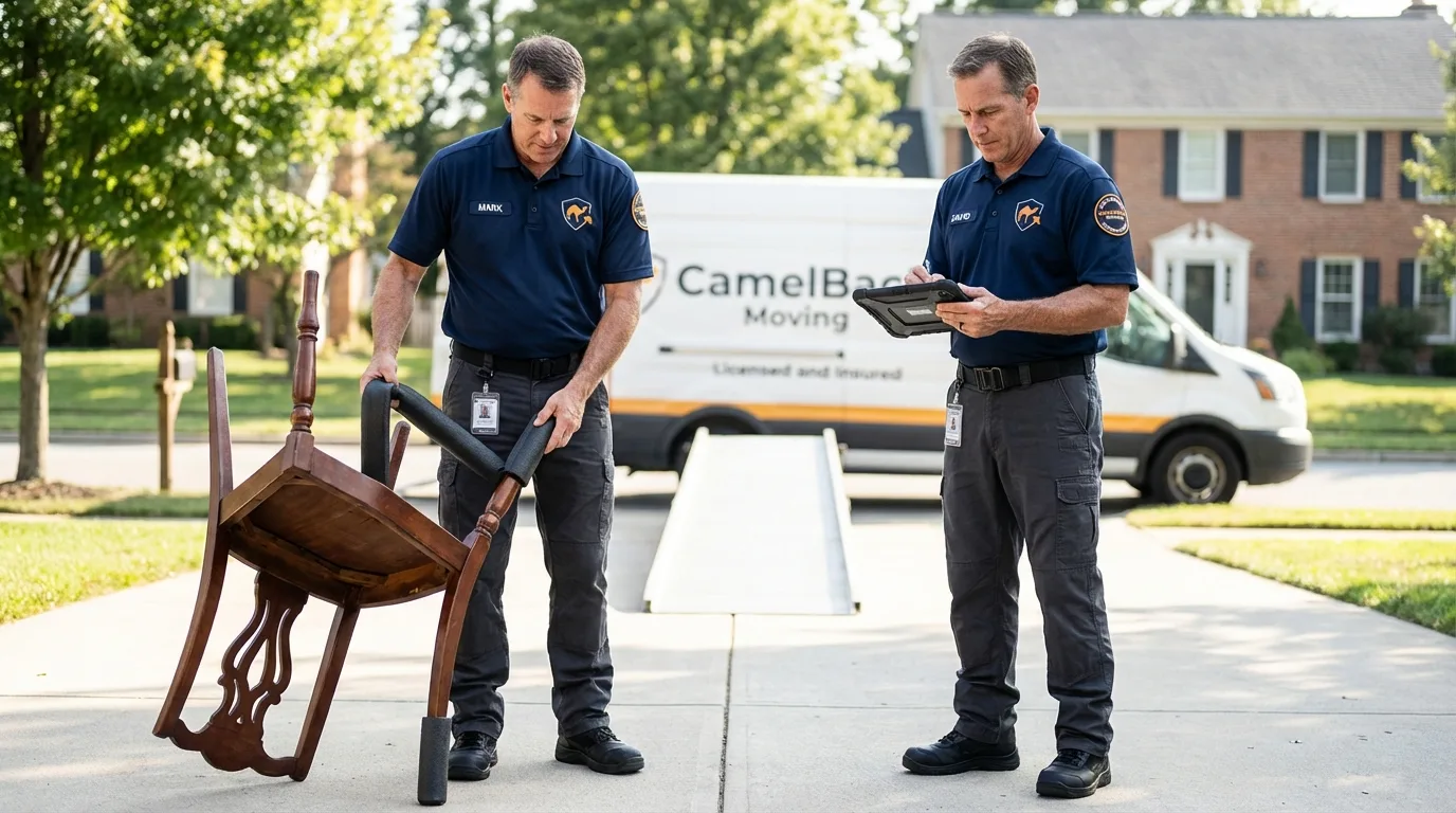 Movers inspecting furniture for damage prevention before loading in Chelsea, VT