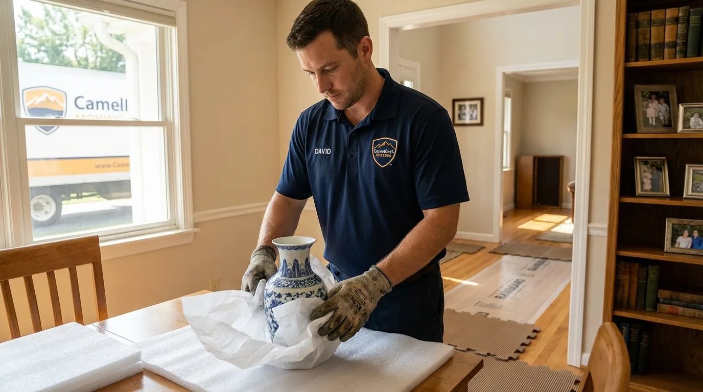 Professional crew carefully wrapping antique vase for senior downsizing move in Chelsea, VT